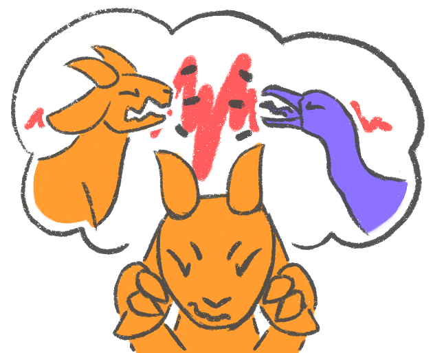 An orange goat is making a frustrated expression, and holding their hooves over their ears. Above them, a thought bubble shows them arguing with another member of their system, a purple duck. The two of them are yelling at each other.