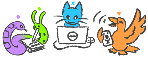 Three different systems, each using a different method of journaling. On the left, Snake & Worm are writing with a pencil in a notebook. In the center, a blue cat is typing on a computer. On the right, an orange duck is using a phone to record a voice memo.